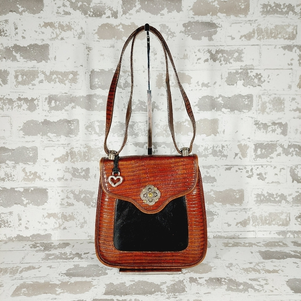 Vintage Bright Black and Brown Croc Print Crossbody Purse 0894